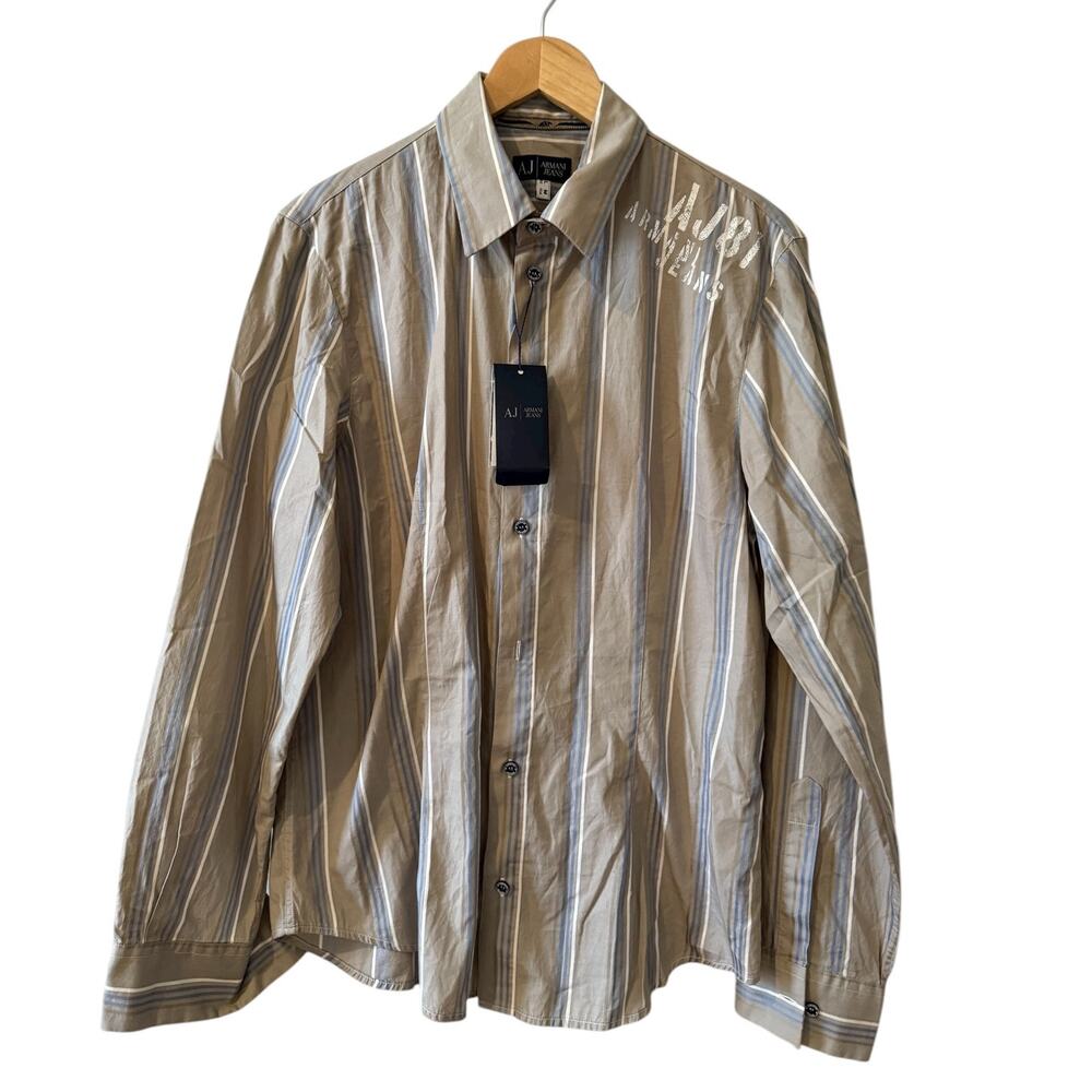 Armani Jeans Striped Button Down Shirt Tan Blue M